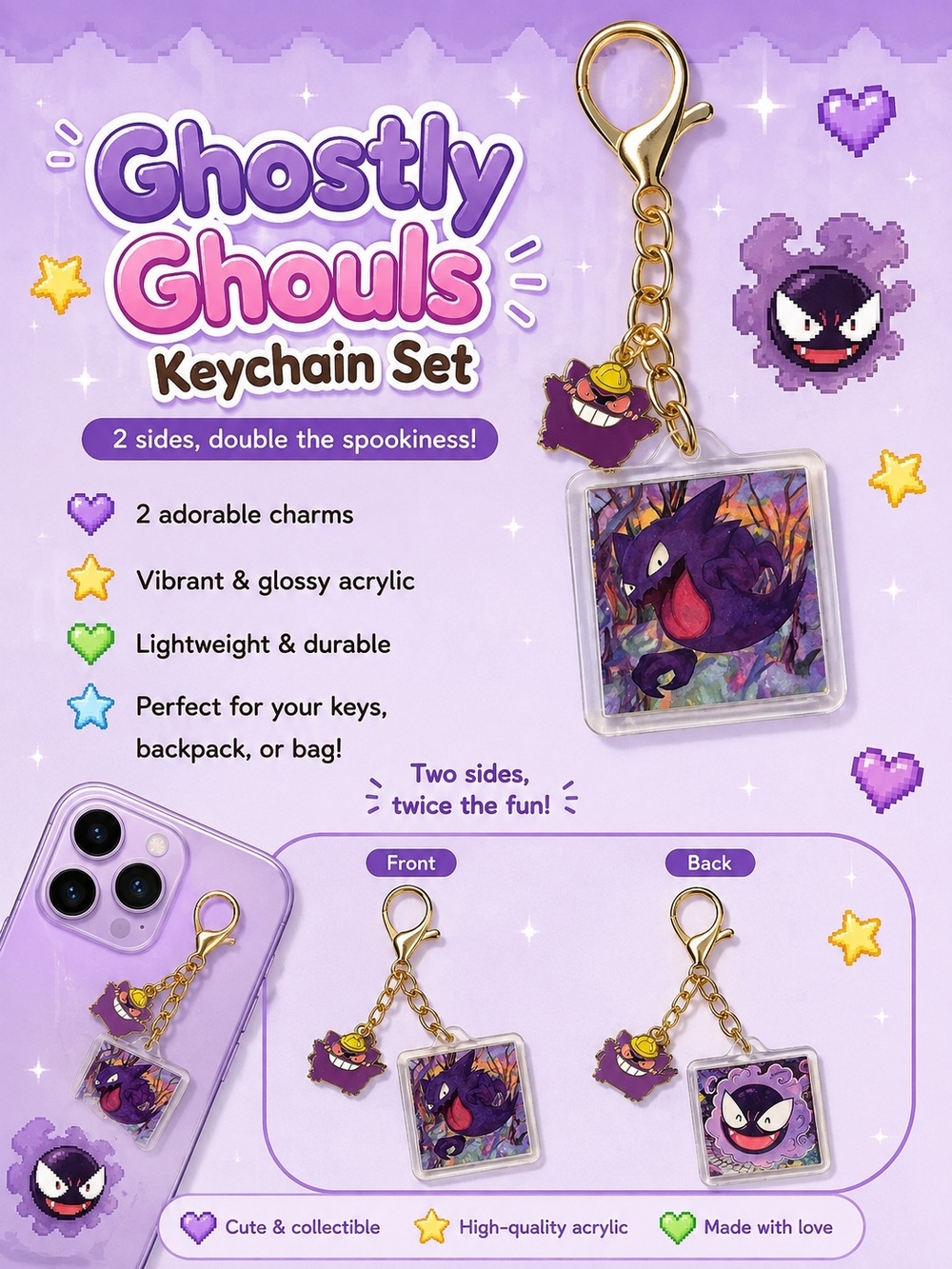Pokemon Ghostly Ghouls Gengar Acrylic Keychain - Purple